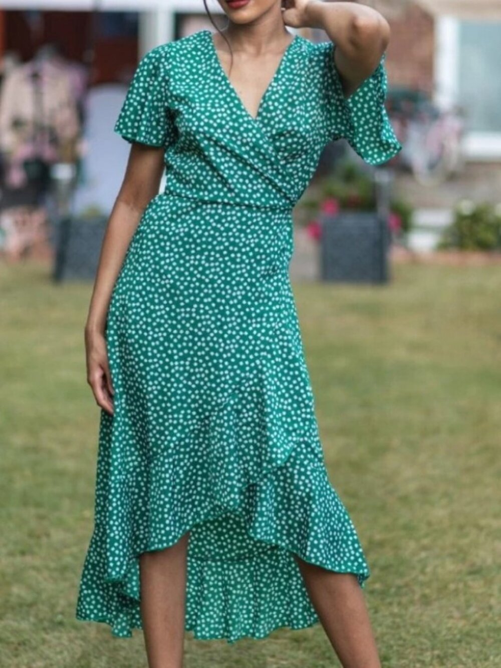 Green Ditsy Floral Midi Wrap Dress Ruffles Hem